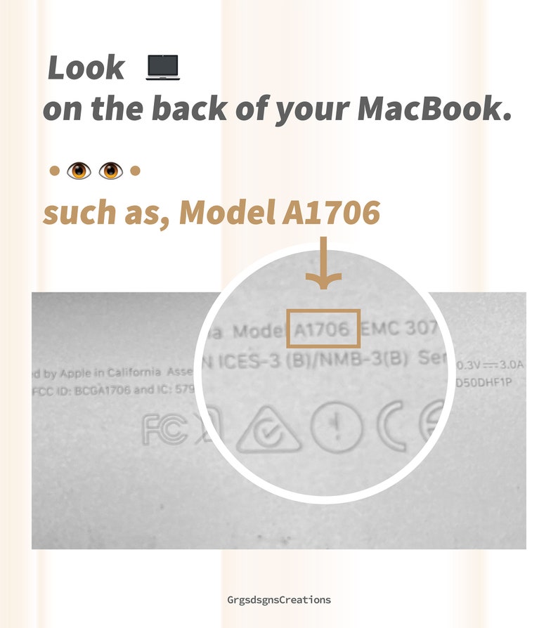 Op de afbeelding: Close-up van een zilveren MacBook met het modelnummer A1706 dat op de achterkant is gedrukt. De tekst "a Mode A1706 EMC 307 N ICES-3 (B)/NMB-3(B) Ser 0.3V 3.0A D50DHF1P" is ook zichtbaar.