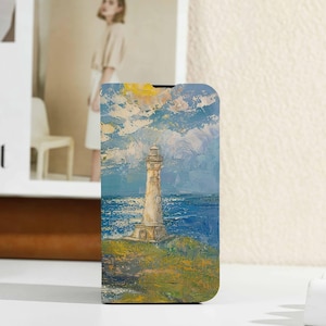 Oil on Canvas Sea Lighthouse Personalised Flip Iphone Case, Custom Wallet for iPhone 16 15 14 13 12 11 8 XS, iphone Case with Card Holder