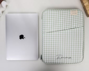 Laptop Bag, Green and White Checkerboard Laptop Bag, MacBook Sleeve, Initial Letter Customization, Laptop Sleeve Bag 11 inch 13 inch