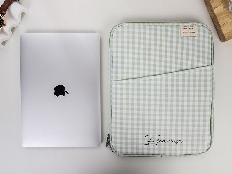 Laptop Bag, Green and White Checkerboard Laptop Bag, MacBook Sleeve, Initial Letter Customization, Laptop Sleeve Bag 11 inch 13 inch image 1