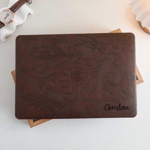 Dark Brown Vintage Floral Personalisation Leather MacBook Case, Cover For MacBook M3 Pro 14 M3 Air 13 A3113, A2338, A2337 Pro 15 16 Case