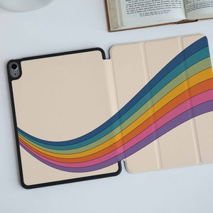 Almond Curve Rainbow Print iPad Case with Apple Pencil Holder, For iPad Air 4/5th iPad 9 Mini 6 iPad Pro 2022 Pro 11 12.9 2020/21