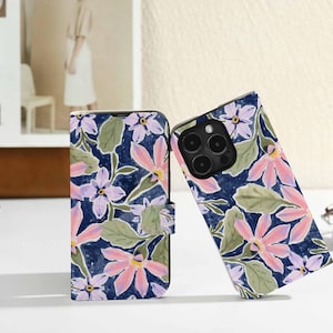 Purple Oil Painting Flowers Personalised Flip iphone Case, Custom Wallet for iPhone 15 14 13 12 11 8 XS SE, iphone Case white Card Holder