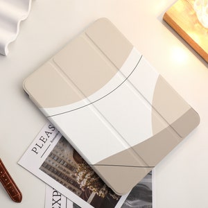 Beige Block Line Art iPad Case with Apple Pencil Holder, For iPad 9 Mini 6 iPad Pro 2022, iPad Air 4/5th, Pro 11 12.9 2020/21, ipad 10