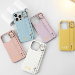 Personalized Leather iPhone Case, Litchi Hand Strap Holder Leather iPhone Case, Leather iphone Case for iphone 15 14 13 12 Pro Max,