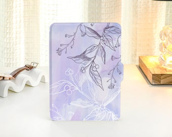 May include: A purple and white e-reader case with a floral design. The case has a watercolor background with black line drawings of flowers and leaves.
