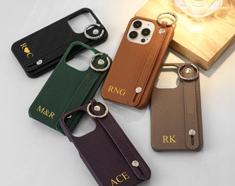 Personalized Leather iPhone Case, Litchi Hand Strap Holder Leather iPhone Case, Leather iphone Case for iphone17 16 15 14 13 12 Pro Max,
