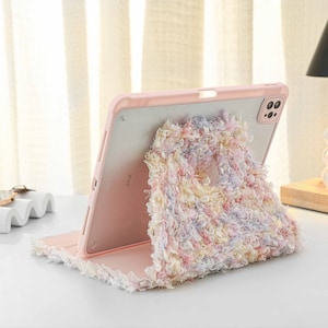 Colorful Flower Plush Leather iPad Case with Apple Pencil Holder, For iPad 9 Mini 6 iPad Pro 2022, iPad Air 4/5th Pro 11 12.9 2020/21
