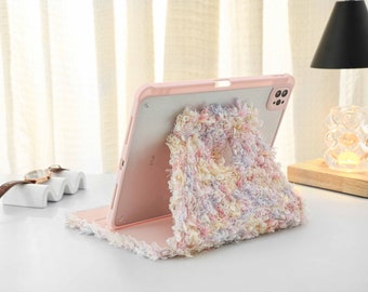 Colorful Flower Plush Leather iPad Case with Apple Pencil Holder, For iPad 9 Mini 6 iPad Pro 2022, iPad Air 4/5th Pro 11 12.9 2020/21