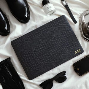 Matte Black Crocodile Print Personalisation Vegan Leather MacBook Case,Cover For MacBook M5 A3434 Pro 14 M4 Air 13 A3240, Air 15" A3241 Case