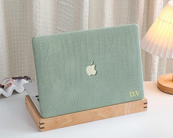 Crocodile Glacier Green Personalisation Leather MacBook Case, Cover For MacBook M3 Pro 14 M3 Air 13 A3113, A2338, A2337 Case