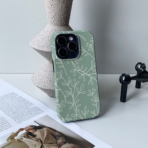 Morandi Green Leaf Line iPhone Case, iPhone 14, 13 Pro, 13 Pro Max, 11, 12 Pro Max / 12 & 11 Pro, iPhone XR X Case, Personalised Case
