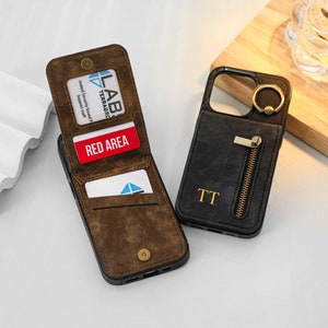 Personalized Leather iPhone Case, Vintage Leather iPhone Case with Ring, Leather iphone Case with Card Holder for iphone 15 14 13 12 Pro Max