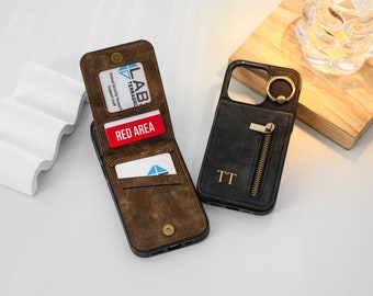 Personalized Leather iPhone Case, Vintage Leather iPhone Case with Ring, Leather iphone Case with Card Holder for iphone17 16 15 14 13 12