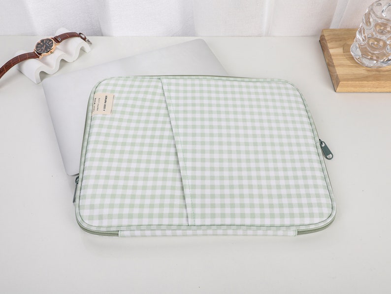 Laptop Bag, Green and White Checkerboard Laptop Bag, MacBook Sleeve, Initial Letter Customization, Laptop Sleeve Bag 11 inch 13 inch image 4