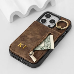 Personalized Leather iPhone Case, Vintage Leather iPhone Case with Ring, Leather iphone Case with Card Holder for iphone 15 14 13 12 Pro Max