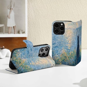 Cats Watching the Sea Personalised Flip Iphone Case, Custom Wallet for iPhone 16 15 14 13 12 11 8 XS, iphone Case with Card Holder