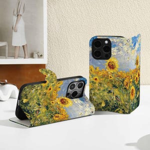 Sunflower Field Personalised Flip iphone Case, Custom Wallet for iPhone 15 14 13 12 11 8 XS SE, iphone Case with Card Holder, iphone 16 Case