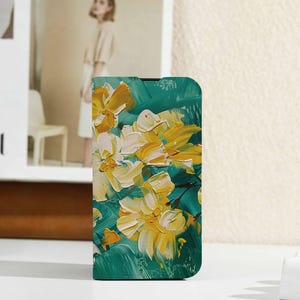 Yellow Flowers Oil Painting Personalised Flip Iphone Case, Custom Wallet for iPhone 16 15 14 13 12 11 8 XS, iphone Case with Card Holder