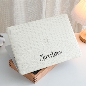 Crocodile Print White Personalisation Leather MacBook Case, Cover For MacBook M3 Pro 14 M3 Air 13 A3113, A2338, A2337 Pro 15 16 Case