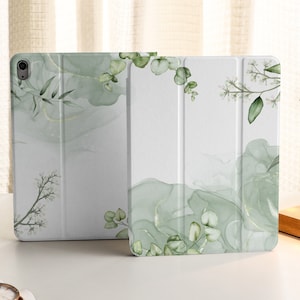 Pale Green Floral Foliage iPad Case with Apple Pencil Holder, For iPad 9 Mini 6 iPad Pro 2022, iPad Air 4/5th Pro 11 12.9 2020/21