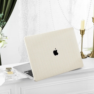 Beige Plain Rustic Weave Personalisation Leather MacBook Case, Cover For MacBook M3 Pro 14 M3 Air 13 A3113, A2338, A2337 Pro 15 16 Case