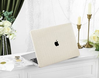 Beige Plain Rustic Weave Personalisation Leather MacBook Case, Cover For MacBook M3 Pro 14 M3 Air 13 A3113, A2338, A2337 Pro 15 16 Case
