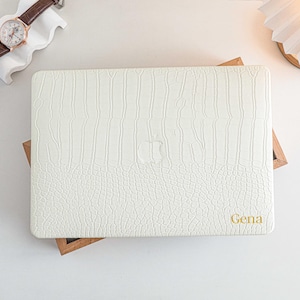 Crocodile Print White Personalisation Leather MacBook Case, Cover For MacBook M3 Pro 14 M3 Air 13 A3113, A2338, A2337 Pro 15 16 Case