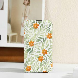 Green Leaves Orange Flowers Personalised Flip iphone Case, Custom Wallet for iPhone 15 14 13 12 11 8 XS SE, iphone Case white Card Holder