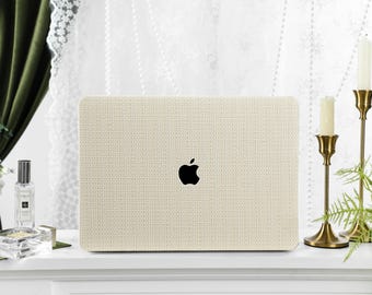 Beige Plain Rustic Weave Personalisation Leather MacBook Case, Cover For MacBook M3 Pro 14 M3 Air 13 A3113, A2338, A2337 Pro 15 16 Case