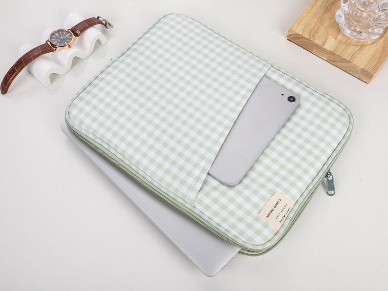 Laptop Bag, Green and White Checkerboard Laptop Bag, MacBook Sleeve, Initial Letter Customization, Laptop Sleeve Bag 11 inch 13 inch image 8
