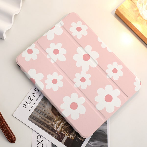 Small Pink White Flower iPad Case with Apple Pencil Holder, For iPad 9 Mini 6 iPad Pro 2022, iPad Air 4/5th Pro 11 12.9 2020/21