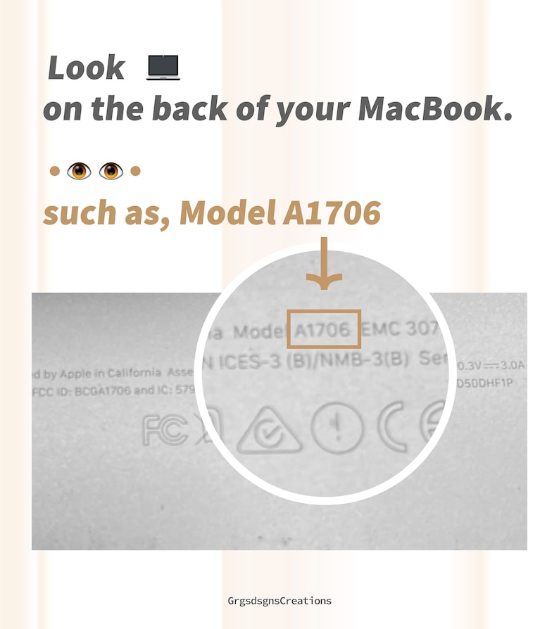 以下が含まれることがあります： 背面にモデル番号A1706が印刷されたシルバーのMacBookのクローズアップ。 「a Mode A1706 EMC 307 N ICES-3 (B)/NMB-3(B) Ser 0.3V 3.0A D50DHF1P」というテキストも表示されています。