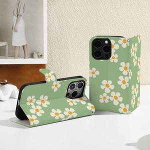 Garden of Green Flowers Personalised Flip iphone Case, Custom Wallet for iPhone 15 14 13 12 11 8 XS SE, iphone Case white Card Holder