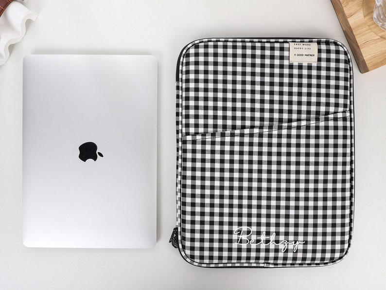 Laptop Bag, Green and White Checkerboard Laptop Bag, MacBook Sleeve, Initial Letter Customization, Laptop Sleeve Bag 11 inch 13 inch image 9