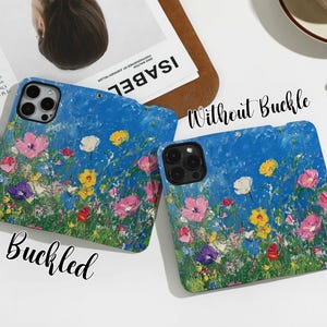Oil Painting Blue Sky Flower Sea Personalised Flip Iphone Case, Custom Wallet for iPhone16 15 14 13 12 11 8 XS, iphone Case with Card Holder