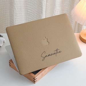Light Brown Lychee Pattern Personalisation Leather MacBook Case, Cover For MacBook M3 Pro 14 M3 Air 13 A3113, A2338, A2337 Pro 15 16 Case