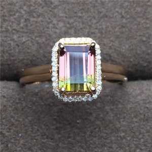 14K Yellow Gold Natural Tourmaline Halo Wedding Ring Unique Vintage Emerald Cut Watermelon Tourmaline Engagement Ring Promise Crystal ring