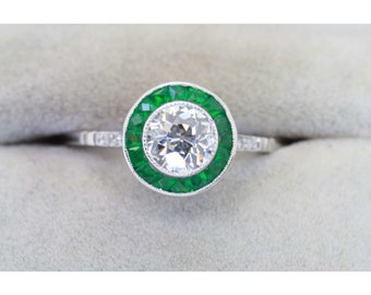 Art Deco Emerald Engagement Ring, Natural Emerald Wedding Ring, Antique Halo Diamond Engagement Ring, Vintage Emerald Diamond Promise Ring