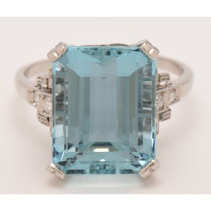 Unique Aquamarine Wedding Ring, Art Deco Aquamarine Statement Ring, Antique Diamond Engagement Ring, Vintage Diamond Promise Ring For Her