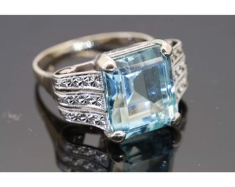 Vintage Art Deco 5CT Aquamarine Engagement Ring Antique Blue Gemstone Aquamarine Bridal Wedding Ring for her Halo Minimalist Valentines Gift