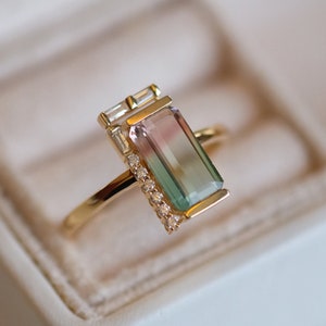 14K Gold Emerald Cut Watermelon Tourmaline Engagement Ring Unique Vintage Two Tone Watermelon Tourmaline Wedding Ring Diamond Promise Ring