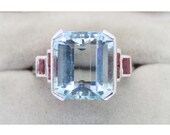 Vintage Gold Aquamarine and Ruby Engagement Ring Antique Blue Gemstone Bridal Wedding Ring for her Halo Minimalist Promise Christmas Gift