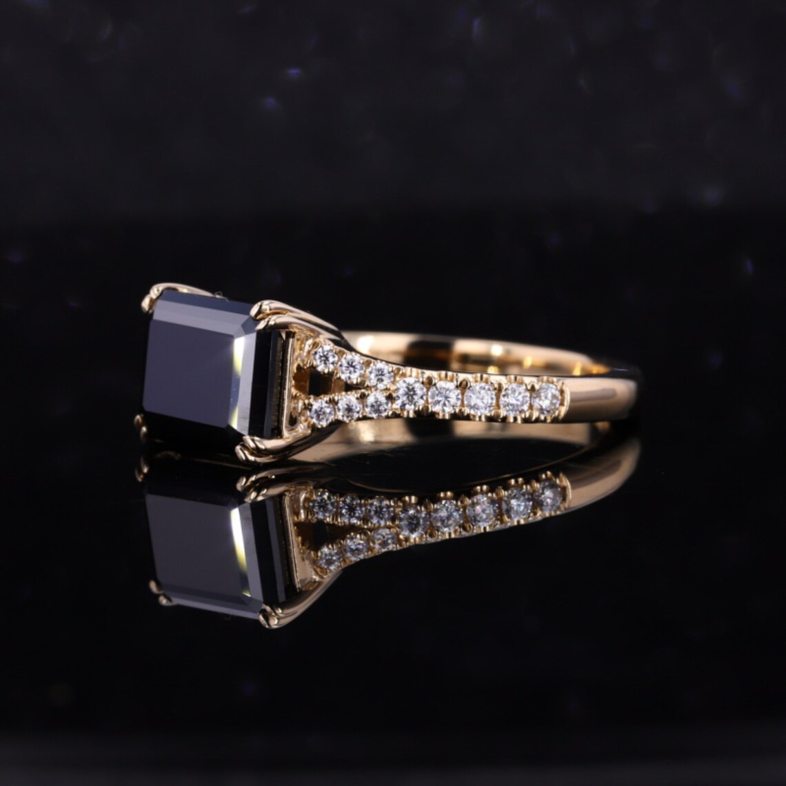 Emerald Cut Solid Gold Black Diamond Wedding Ring Moissanite Etsy