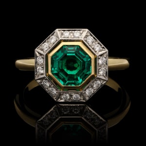 Octagonal Colombian Emerald and Diamond Engagement Ring Art Deco Vintage Emerald Halo Wedding Ring European Emerald Promise Ring