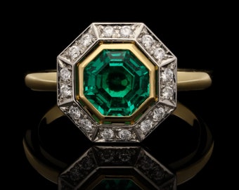 Achthoekige Colombiaanse smaragd en diamanten verlovingsring Art Deco Vintage Emerald Halo trouwring Europese Emerald Promise Ring