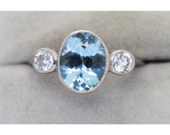 Oval Cut 3 Stone Aquamarine Engagement Ring Antique Blue Gemstone Aquamarine Bridal Wedding Ring for her Halo Minimalist Mothers Day Gift