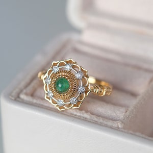 14K Dainty Green Halo Emerald Engagement Ring for Women Unique Bridal Vintage Diamond Wedding Ring Antique Mothers Day Gift for her