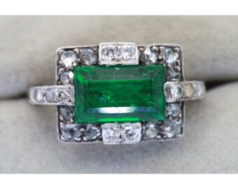 Halo Emerald Statement Ring, Antique Emerald Diamond Engagement Ring, Vintage Emerald Wedding Ring, Art Deco Diamond Promise Ring For Her