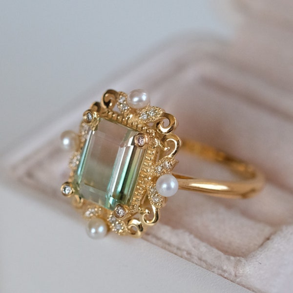 18K Yellow Gold Tourmaline Crown Ring Pearl Jewelry With Diamond  Engagement Ring for Her  Promise Wedding Bridal Ring